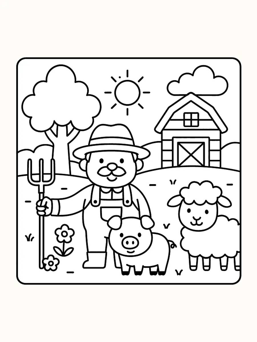 Tegning til farvelægning af bonde med gris, får, sol og stald i baggrunden, klar til print