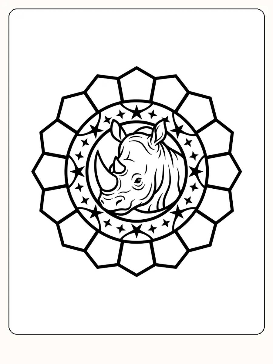Fargeleggingsbilde av et neshorn i mandala-stil, klar for utskrift