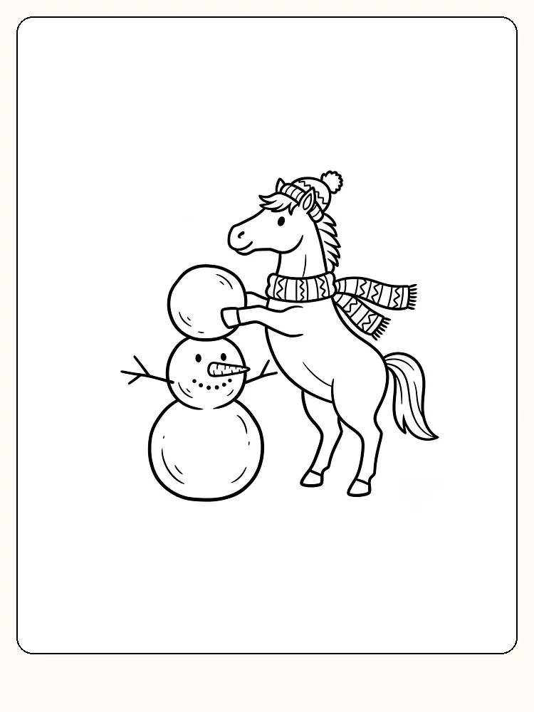 Fargelegging av hest med snømann, iført skjerf og lue. Perfekt for vinteraktiviteter
