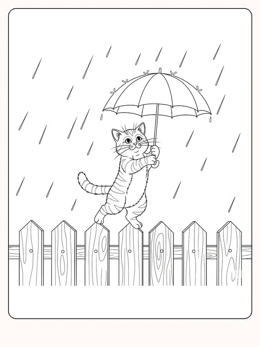 Tegning til farvelægning af en kat, der balancerer på et hegn med en paraply i regnen, klar til print
