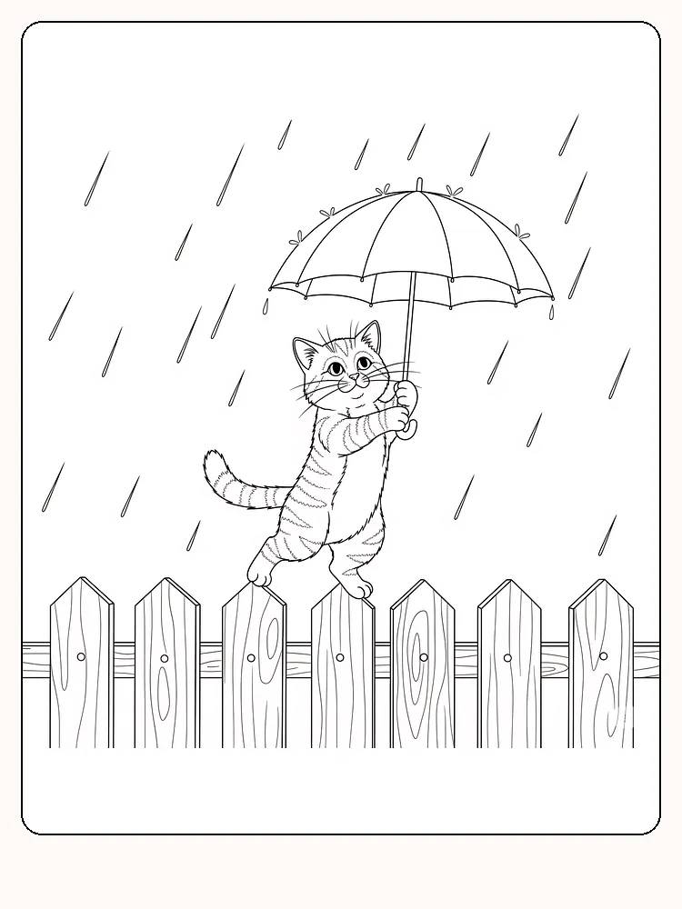 Tegning til farvelægning af en kat, der balancerer på et hegn med en paraply i regnen, klar til print