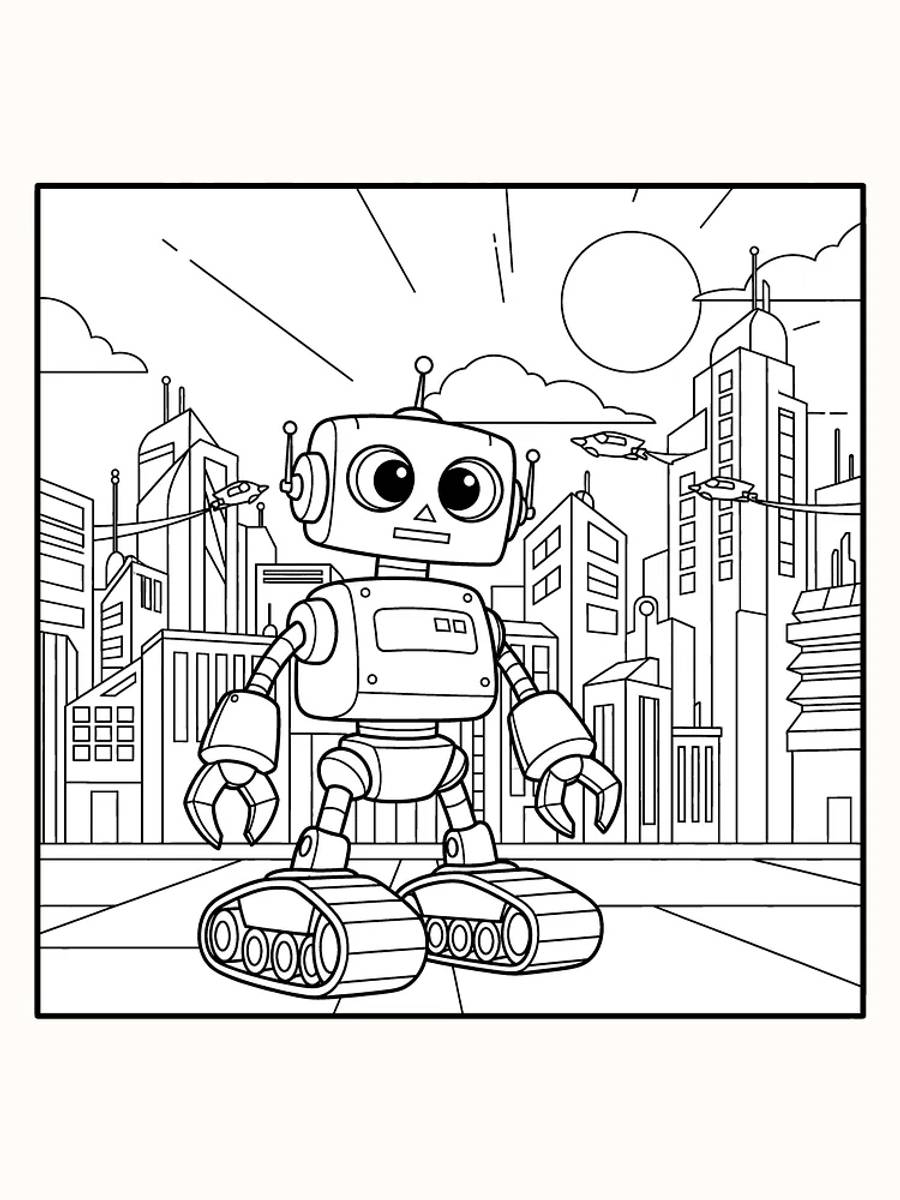 Tegning til farvelægning af en sød robot i en futuristisk by, perfekt til børn