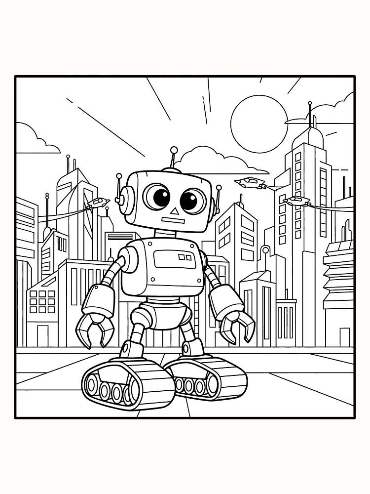 Tegning til farvelægning af en sød robot i en futuristisk by, perfekt til børn