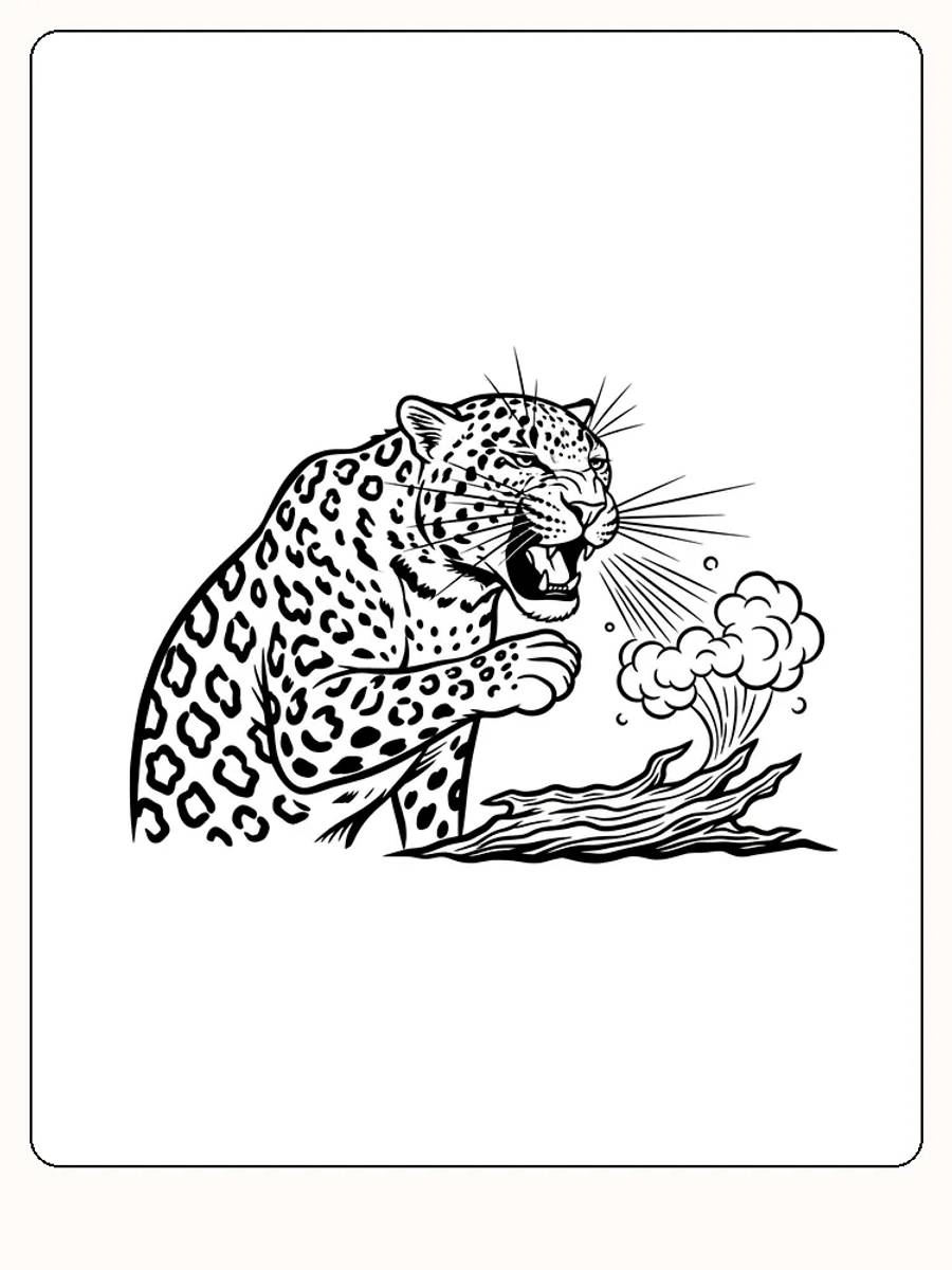 Fargeleggingstegning av en leopard som roper ved en trestubbe