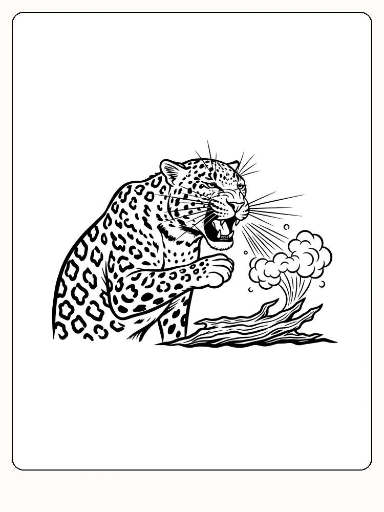 Fargeleggingstegning av en leopard som roper ved en trestubbe