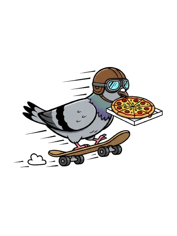 fugl på skateboard med pizza i munnen klar til å fargelegges