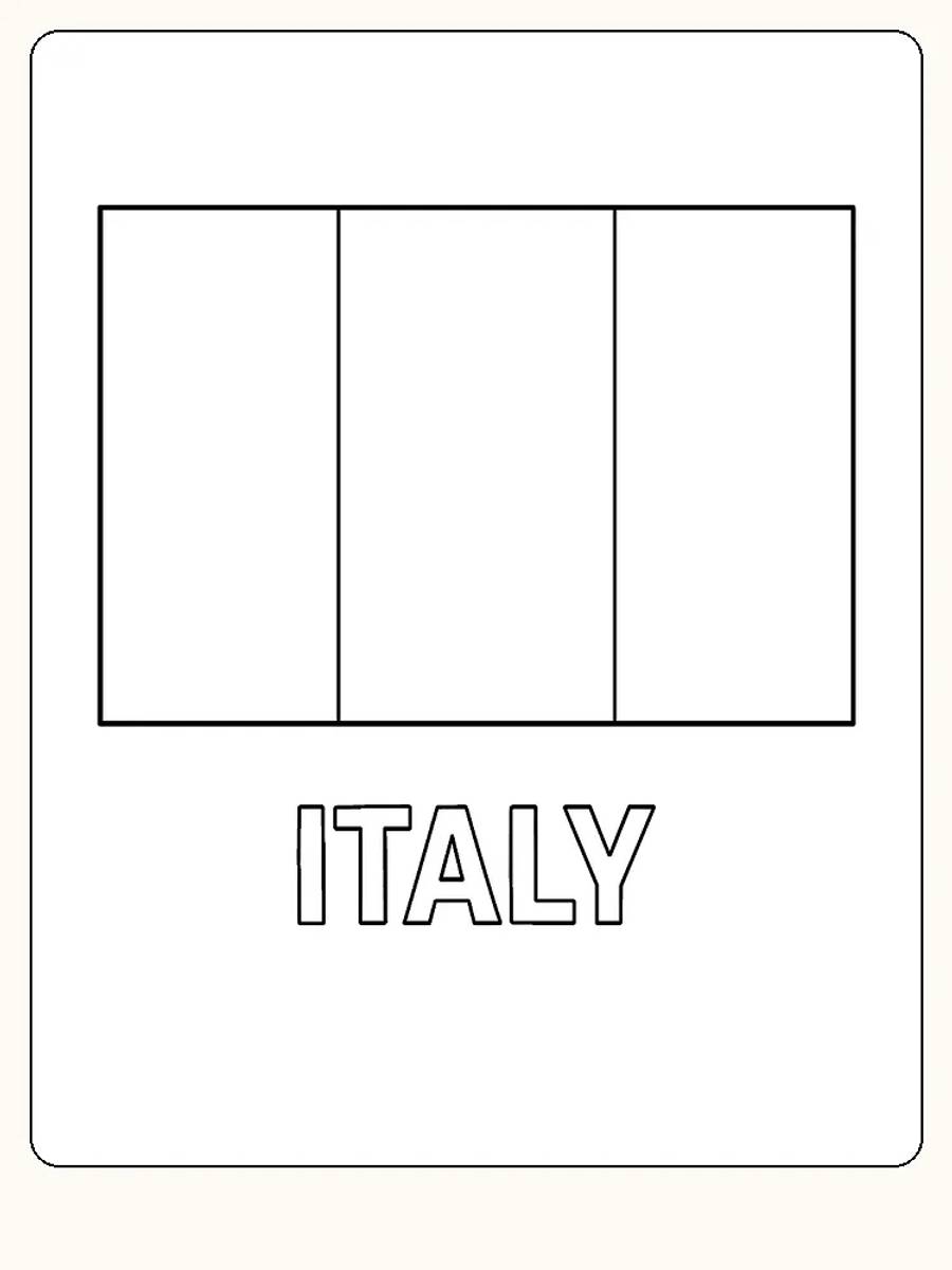 Italiens Flagge mit vertikalen Streifen in Grün, Weiß und Rot, bereit zum Ausmalen.