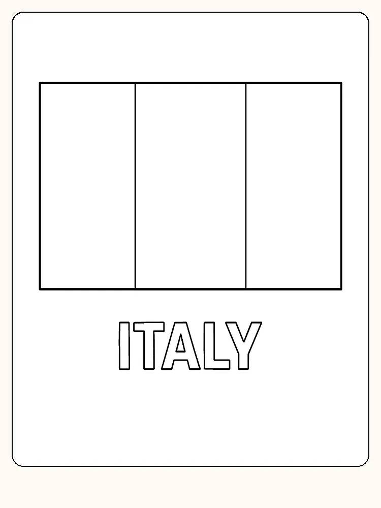 Italiens Flagge mit vertikalen Streifen in Grün, Weiß und Rot, bereit zum Ausmalen.