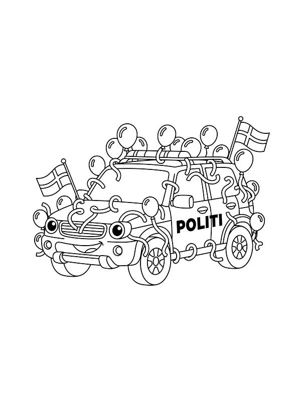 Politibil med ballonger og flagg