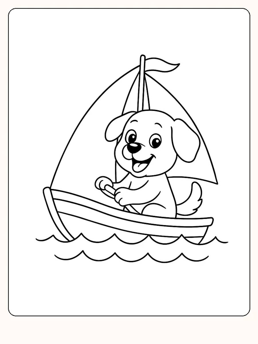 Tegning til farvelægning af en glad hund, der sejler i en lille båd, klar til at blive farvelagt