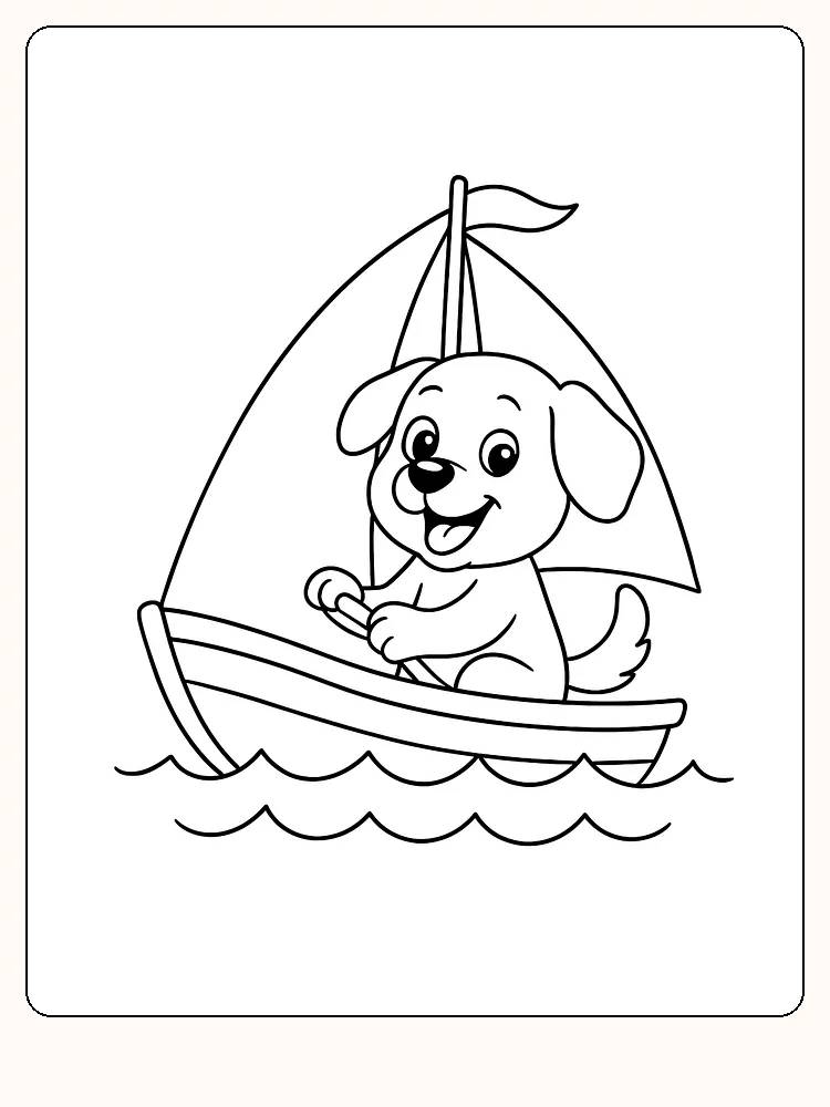 Tegning til farvelægning af en glad hund, der sejler i en lille båd, klar til at blive farvelagt
