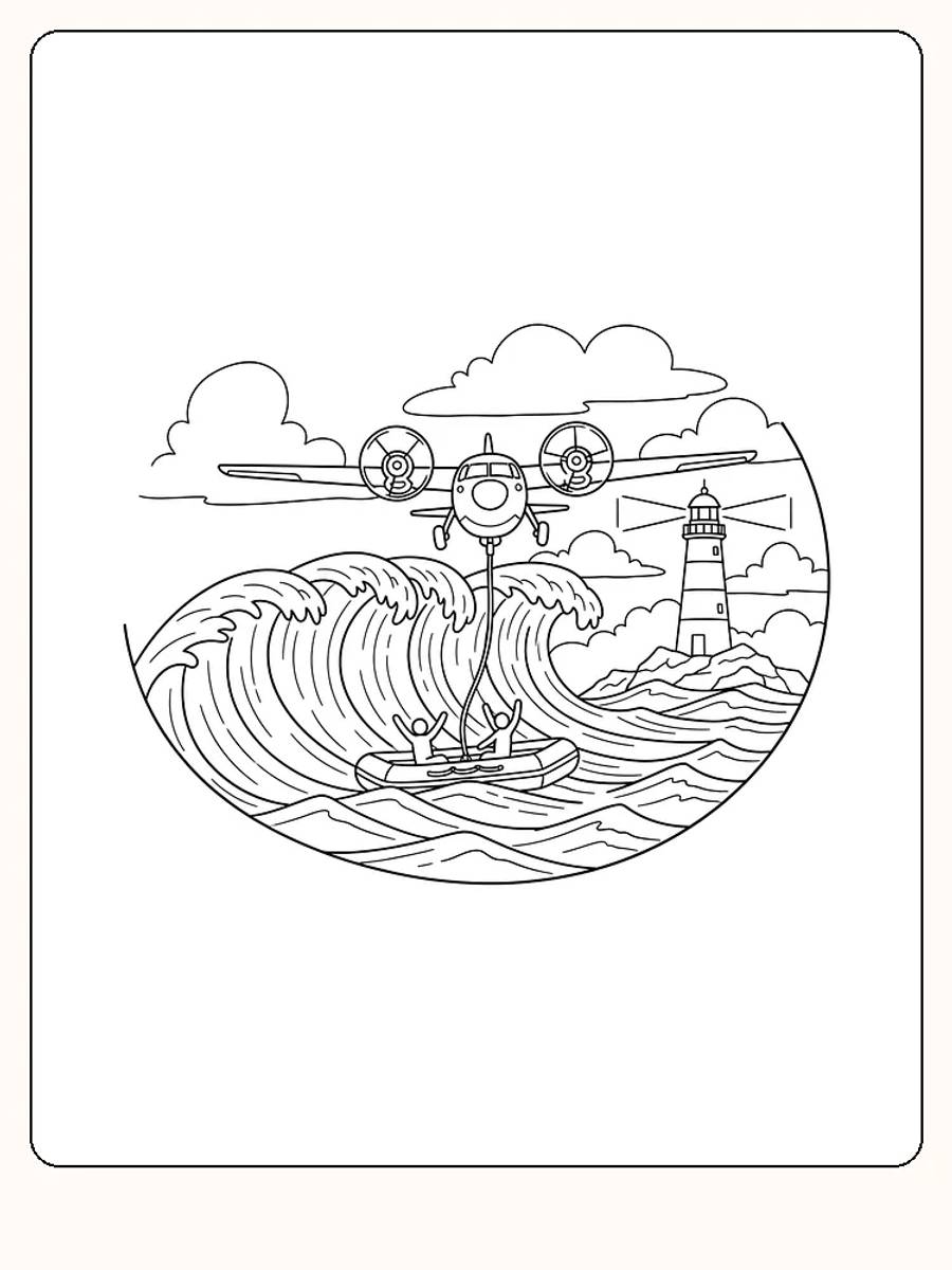 Målarbild av ett flygplan som svävar över vågor med ett fyrtorn i bakgrunden, klart för utskrift.
