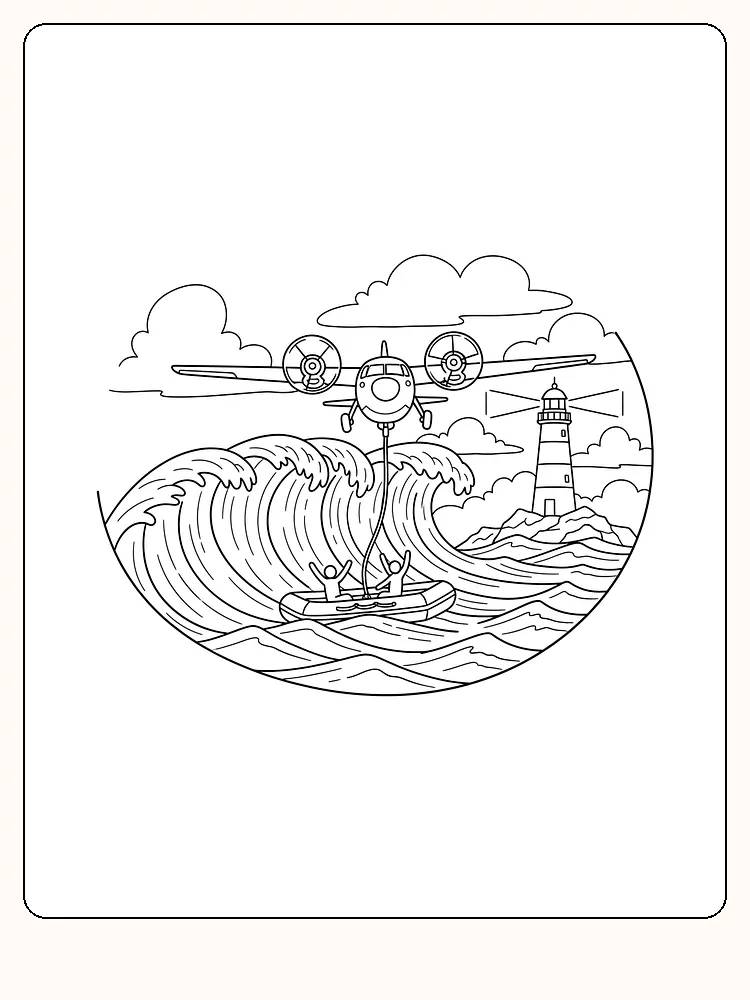 Målarbild av ett flygplan som svävar över vågor med ett fyrtorn i bakgrunden, klart för utskrift.