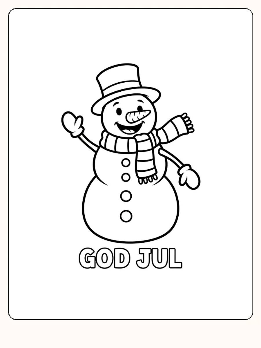 Fargeleggingstegning av en smilende snømann med hatt og skjerf, merket ‘God Jul’