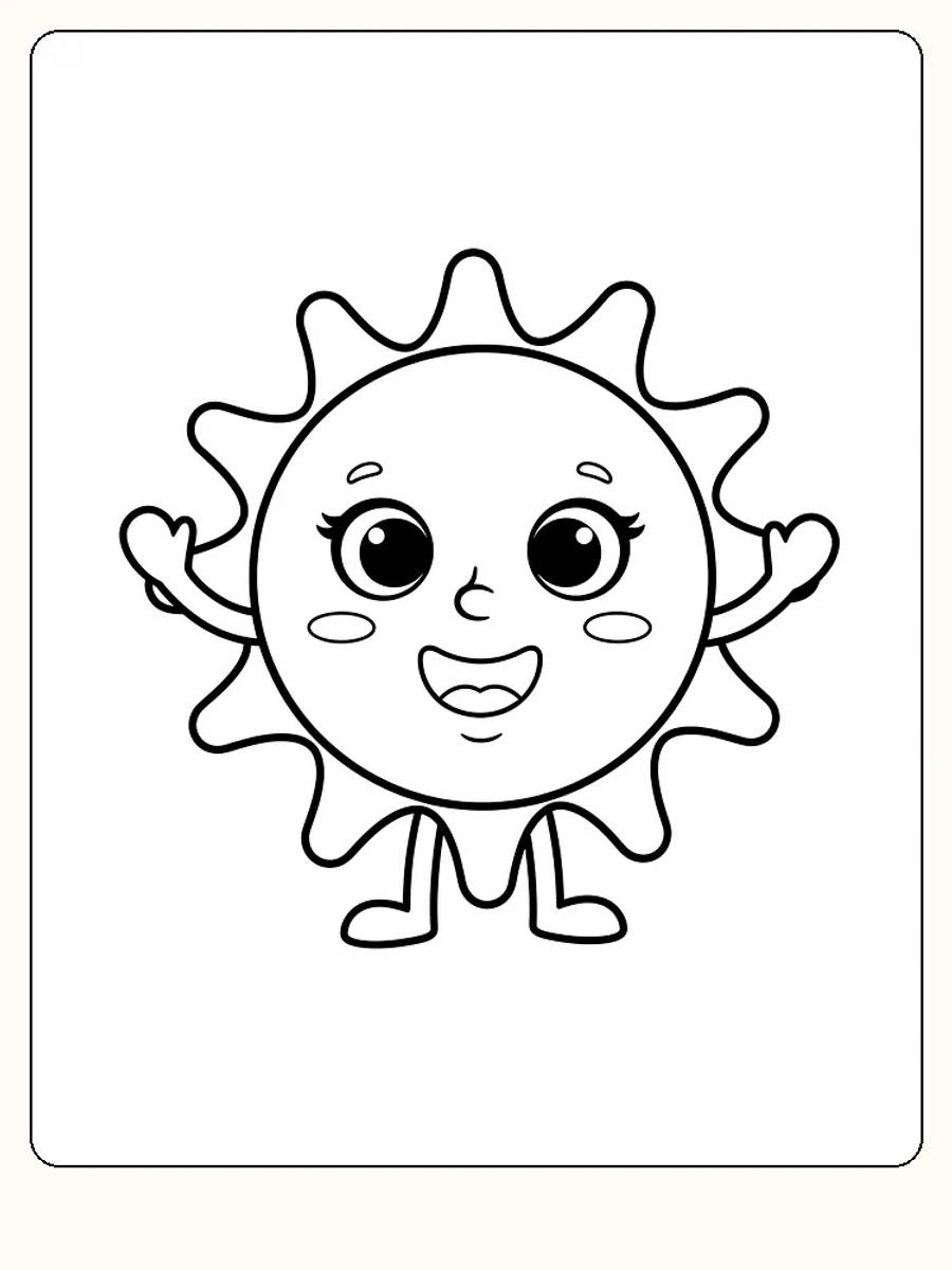 Tegning til farvelægning af en sol med glade øjne og smil, klar til print
