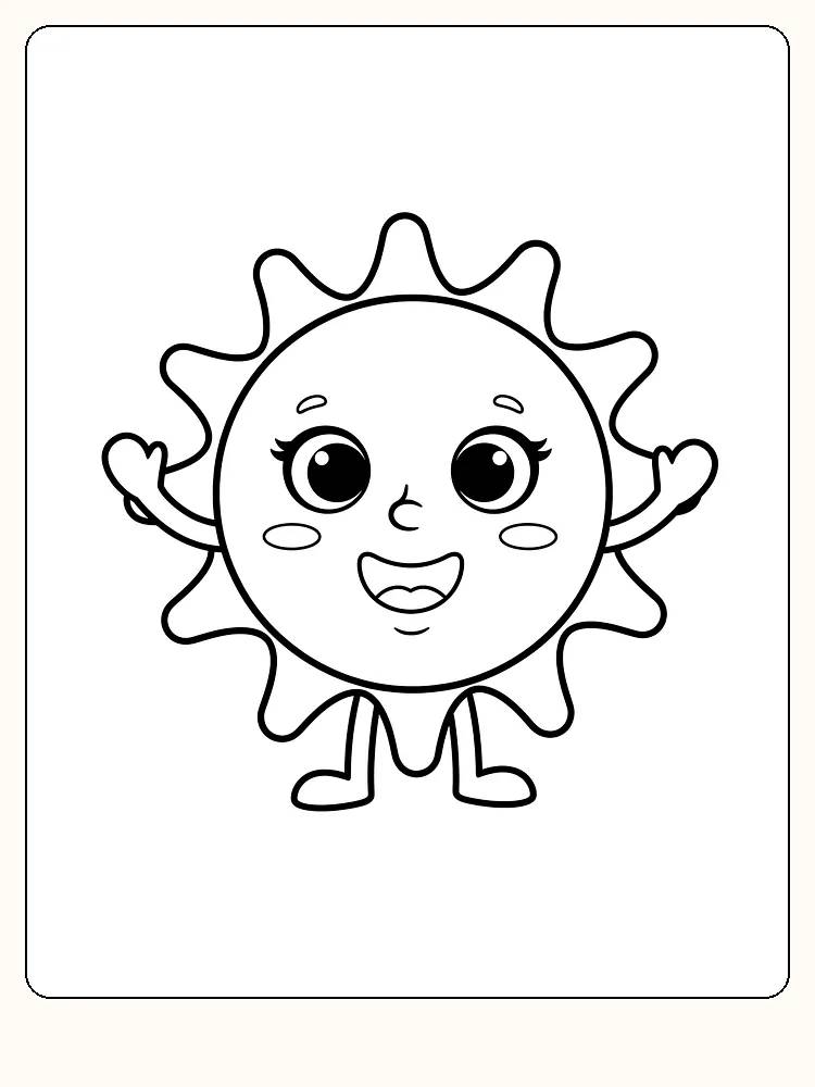 Tegning til farvelægning af en sol med glade øjne og smil, klar til print
