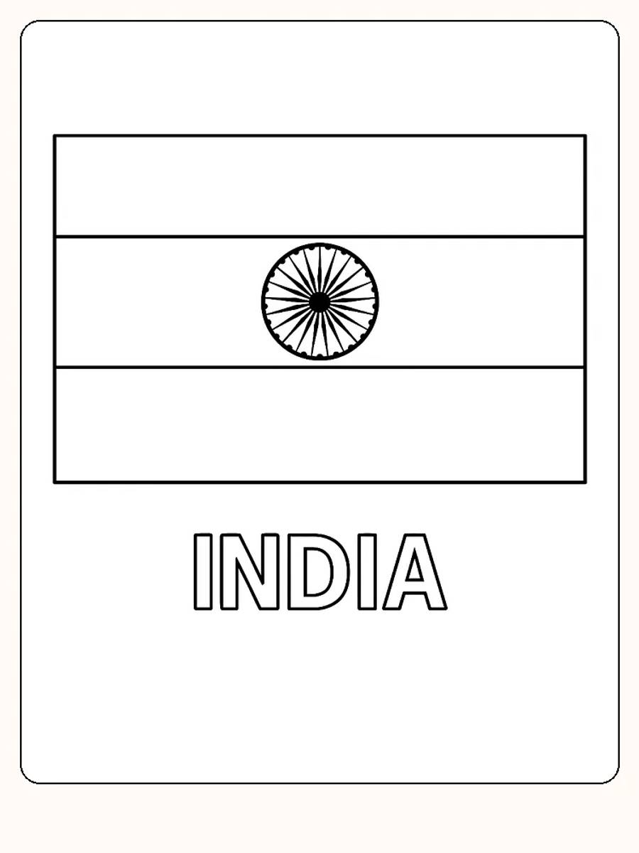Indische Flagge mit drei horizontalen Streifen und dem Ashoka Chakra in der Mitte, bereit zum Ausmalen.