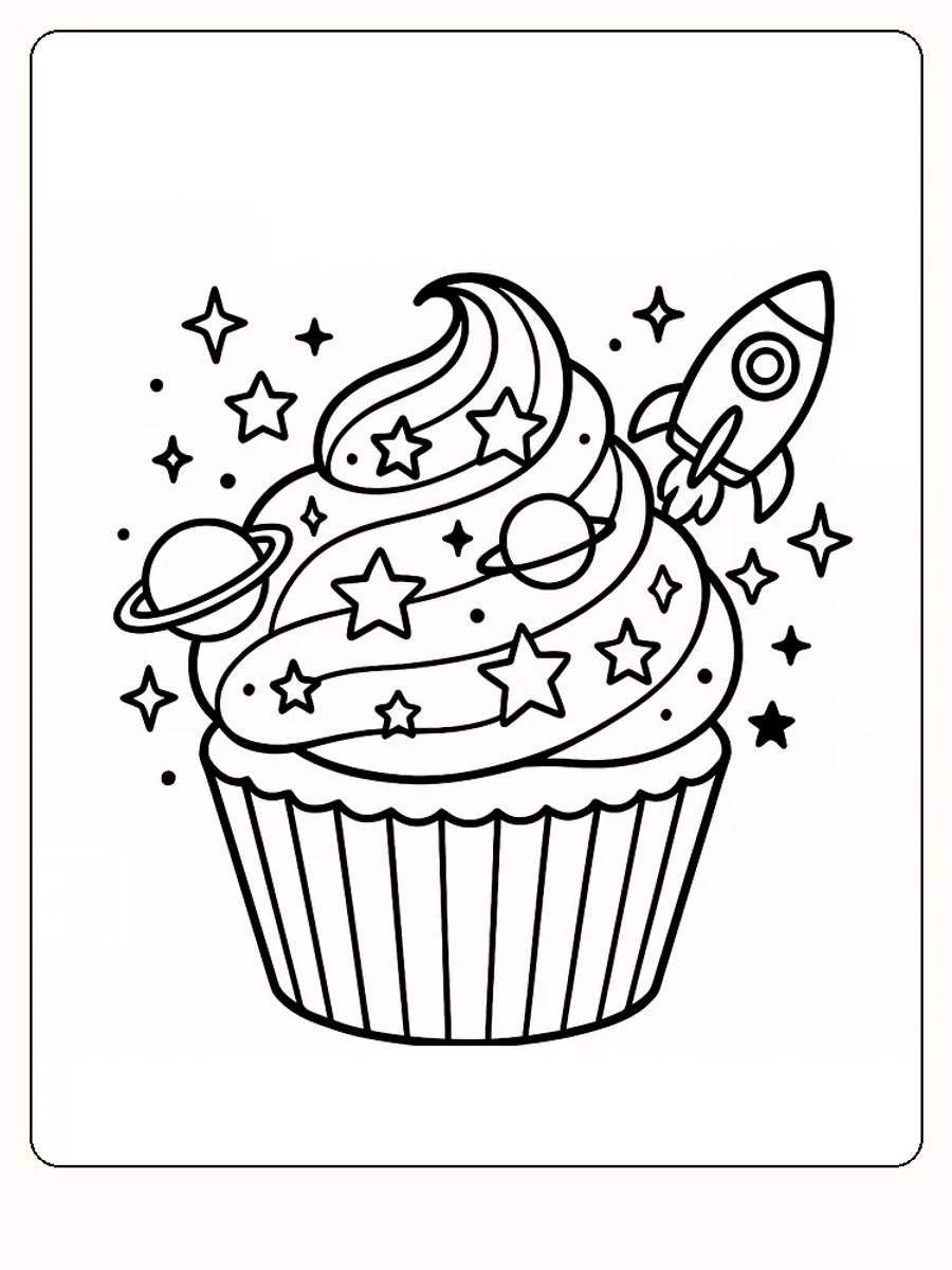 Fargeleggingsbilde av en cupcake med romfartstema, inkludert rakett og planeter