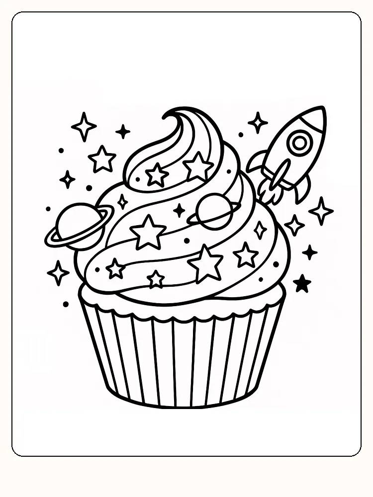 Fargeleggingsbilde av en cupcake med romfartstema, inkludert rakett og planeter