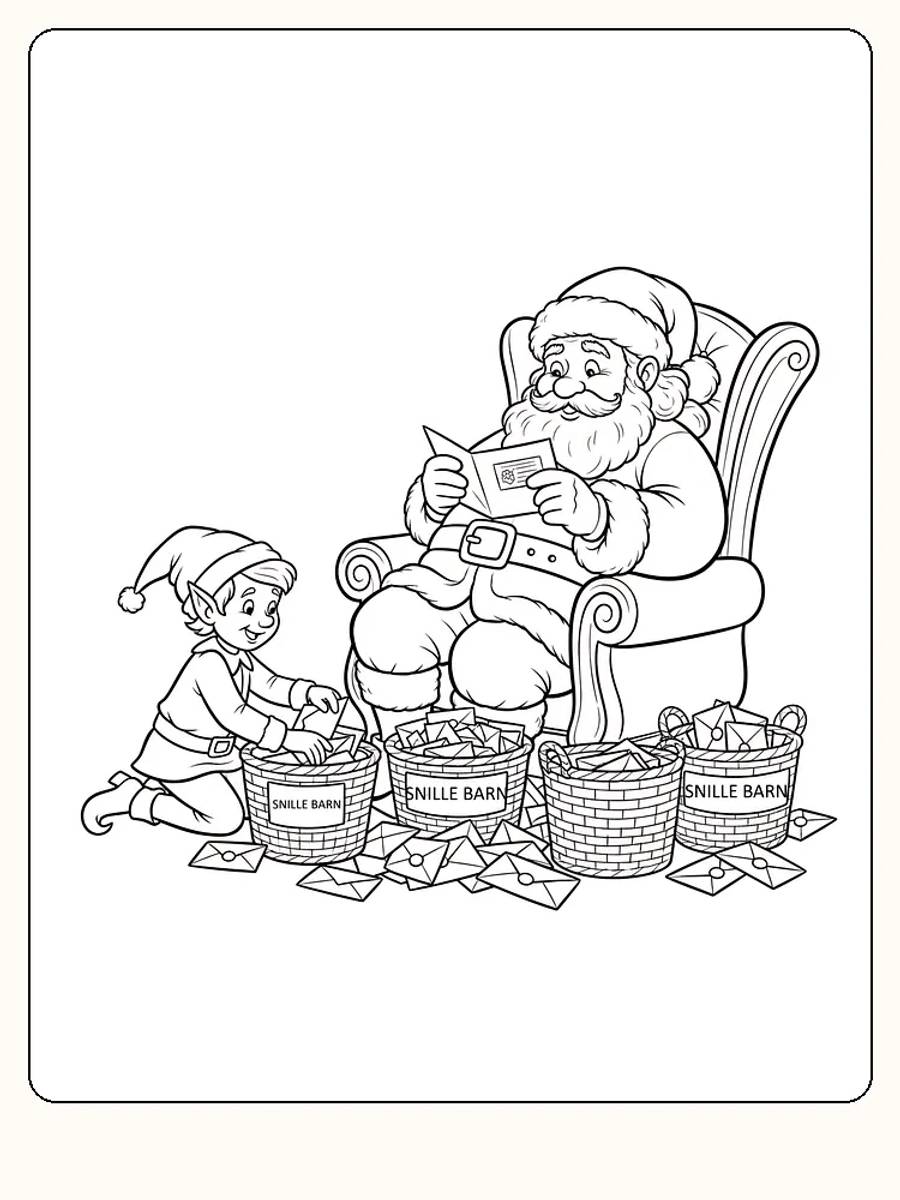 Tegning til farvelægning af julemanden, der læser breve fra børn, med en hjælper ved sin side