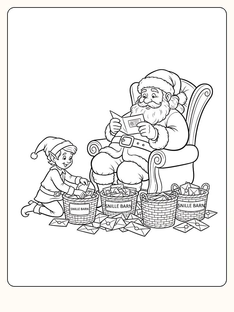 Tegning til farvelægning af julemanden, der læser breve fra børn, med en hjælper ved sin side