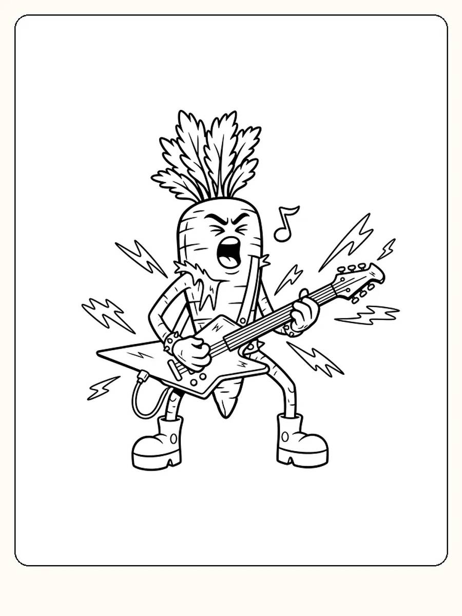 Tegning til farvelægning af en gulerod, der spiller elektrisk guitar, perfekt til børn, der gerne vil farvelægge