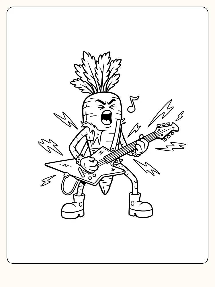 Tegning til farvelægning af en gulerod, der spiller elektrisk guitar, perfekt til børn, der gerne vil farvelægge