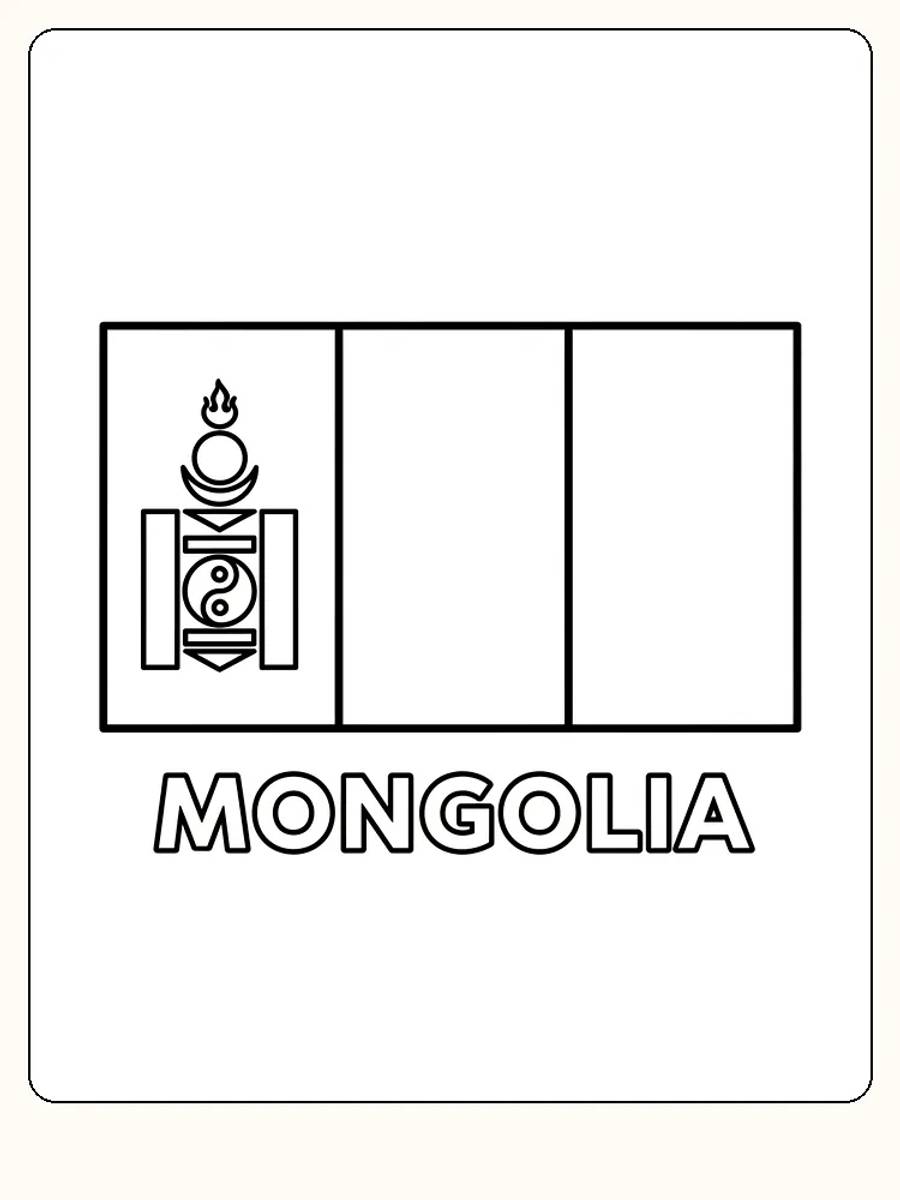 Die Flagge Mongolias mit roten, blauen und goldenen Symbolen, bereit zum Ausmalen.