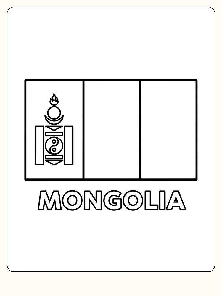 Die Flagge Mongolias mit roten, blauen und goldenen Symbolen, bereit zum Ausmalen.