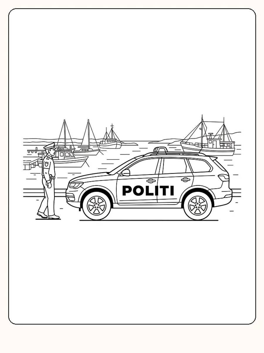 Fargeleggingsbilde av en politibil parkert ved en havn med flere båter