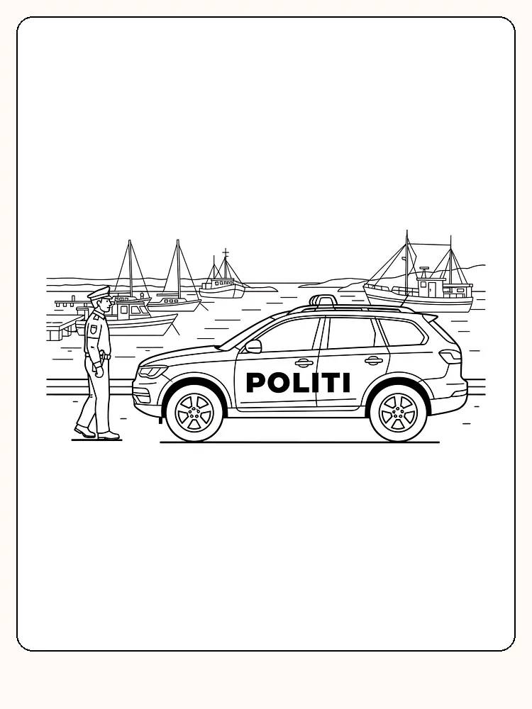 Fargeleggingsbilde av en politibil parkert ved en havn med flere båter