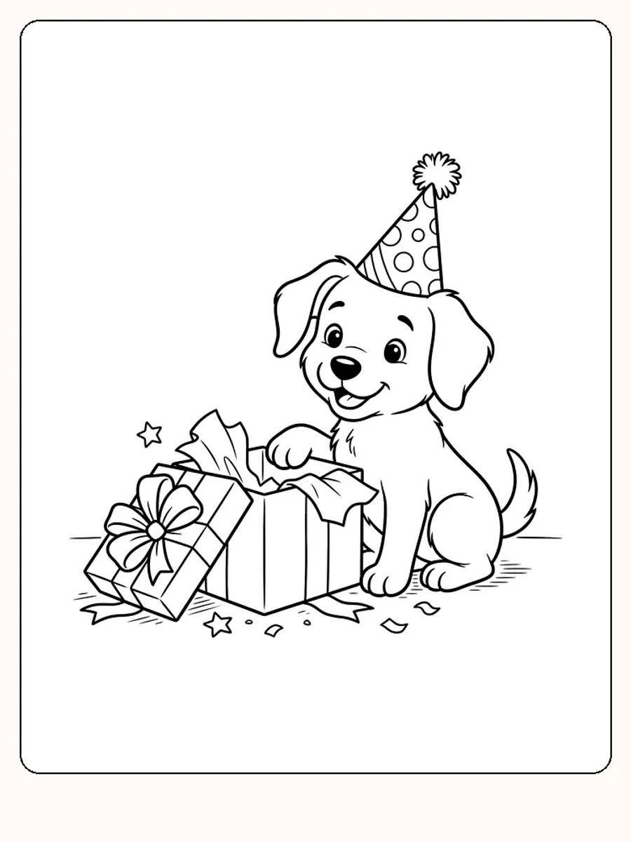 Chien d'anniversaire avec un chapeau de fête, assis par terre, la patte sur une boîte-cadeau ouverte, à côté d'un cadeau emballé avec un nœud