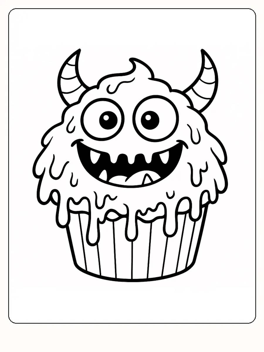 Fargeleggingstegning av morsom monster-cupcake med store øyne og små horn, klar for utskrift