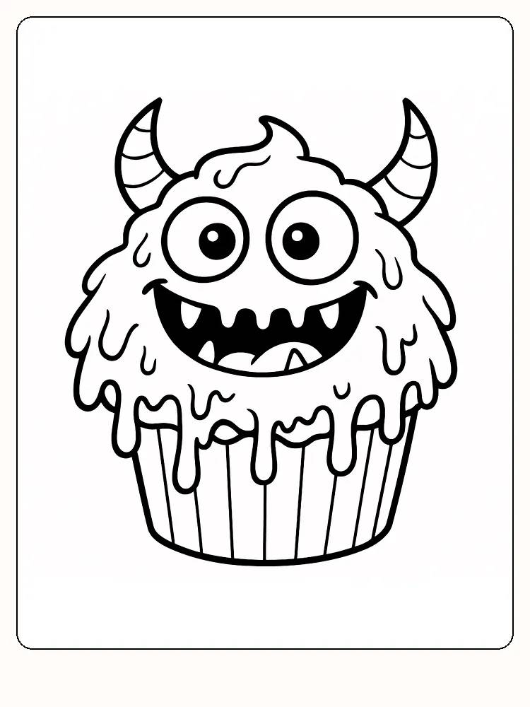 Fargeleggingstegning av morsom monster-cupcake med store øyne og små horn, klar for utskrift