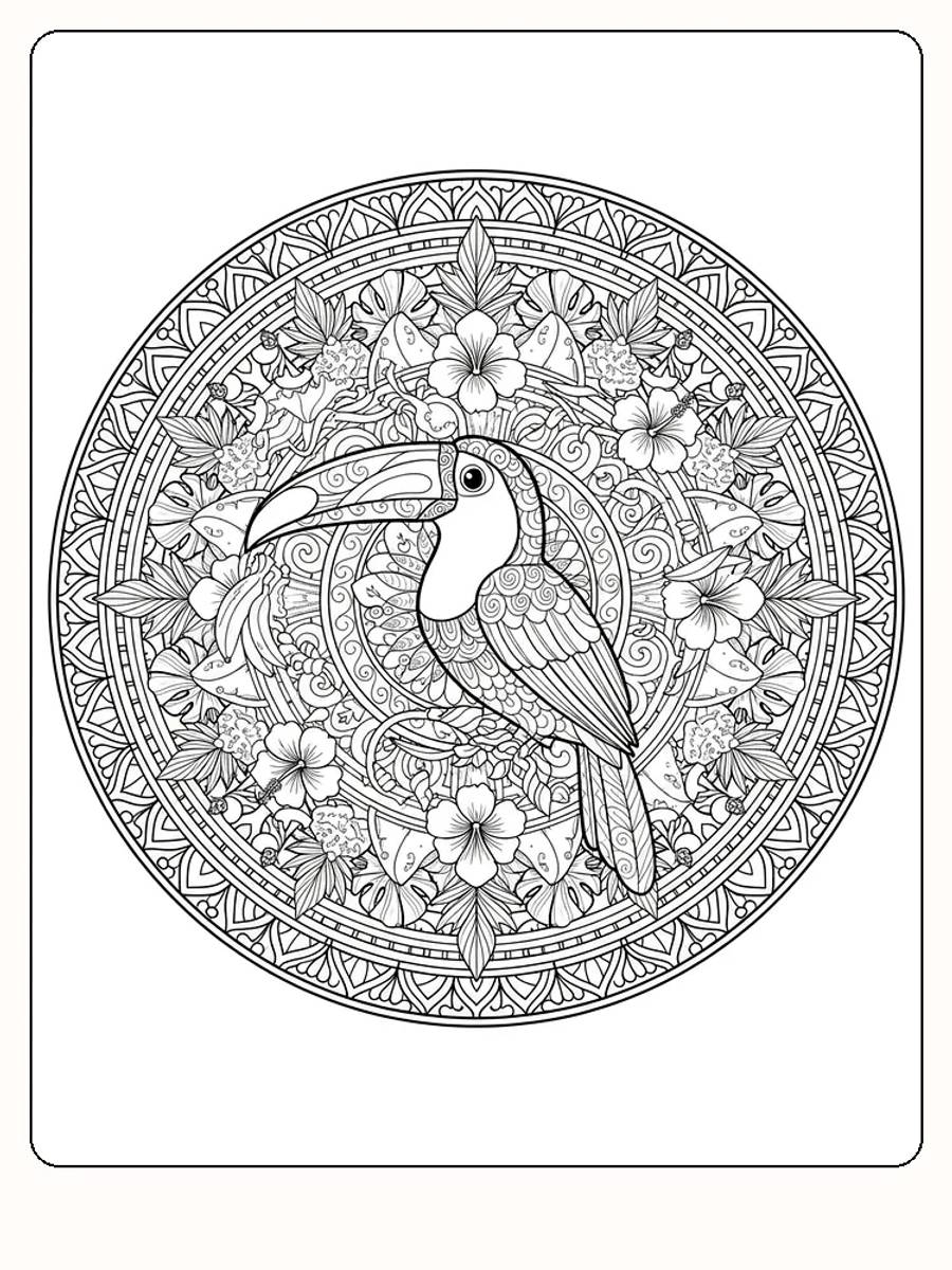 Intrikat tukan og blomster mandala for fargelegging, perfekt å skrive ut
