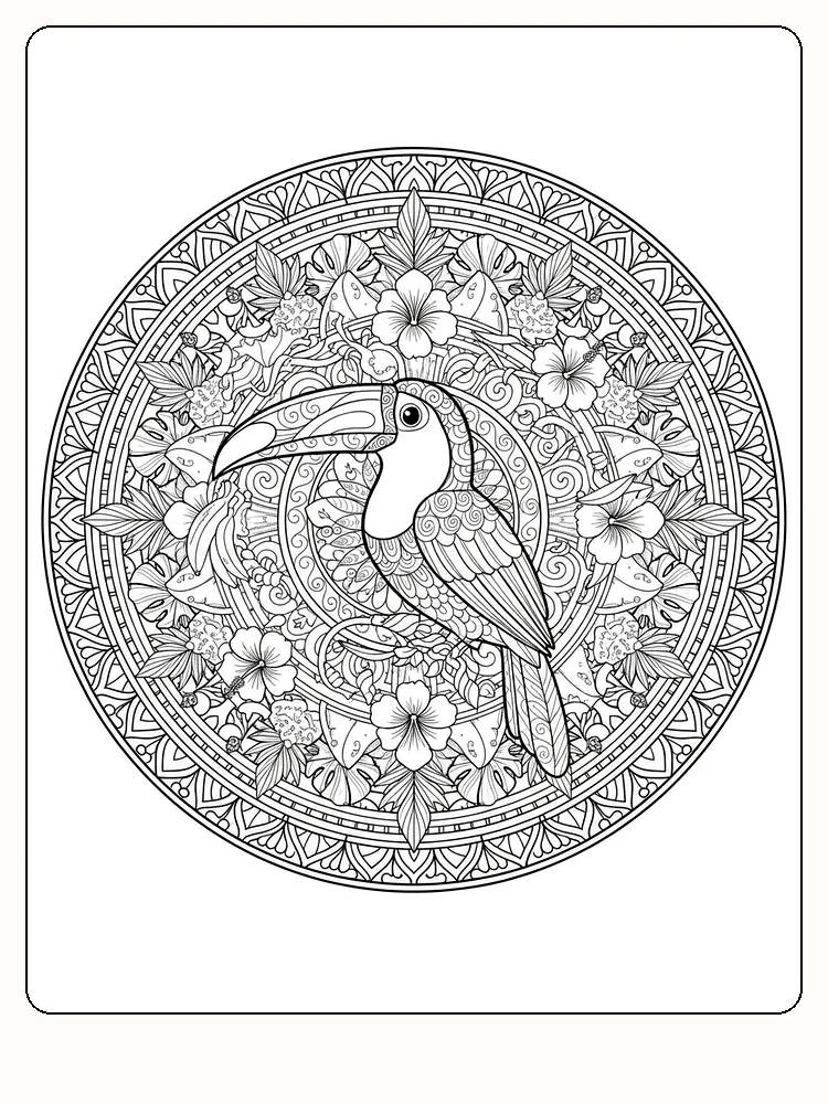Intrikat tukan og blomster mandala for fargelegging, perfekt å skrive ut