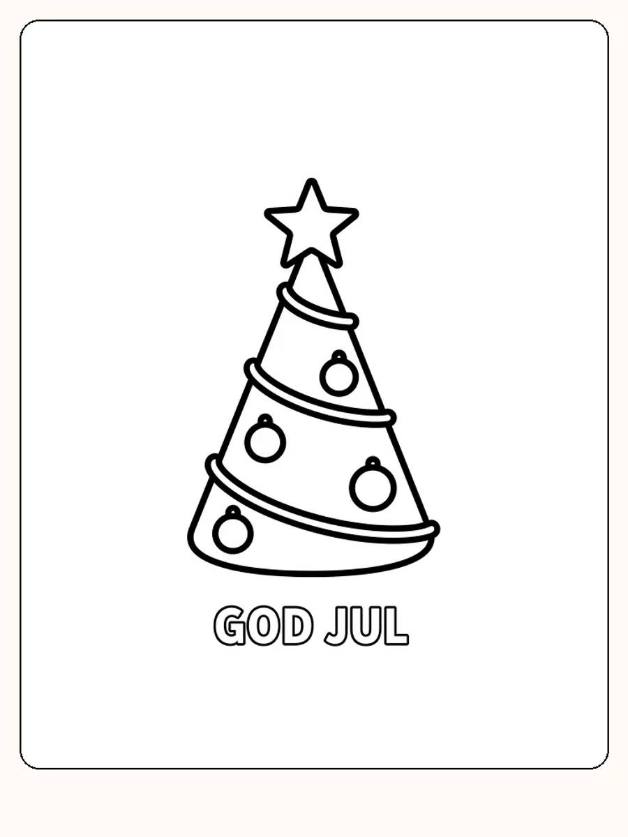 Fargeleggingsbilde av juletre med stjerne, kuler og 'God Jul'-tekst, klar for utskrift