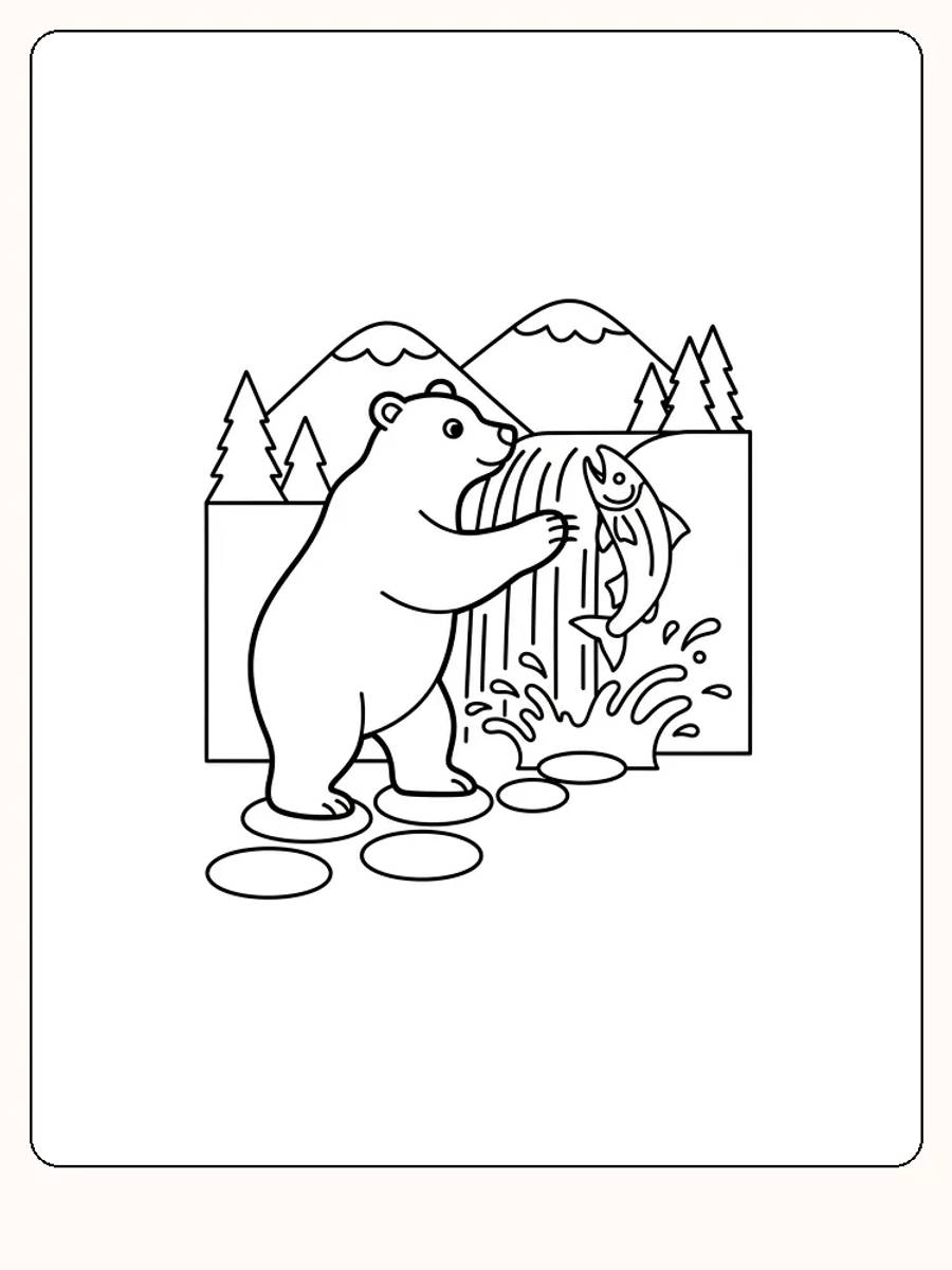 Tegning til farvelægning af en bjørn ved en å, der fanger fisk, med bjerge i baggrunden, klar til print