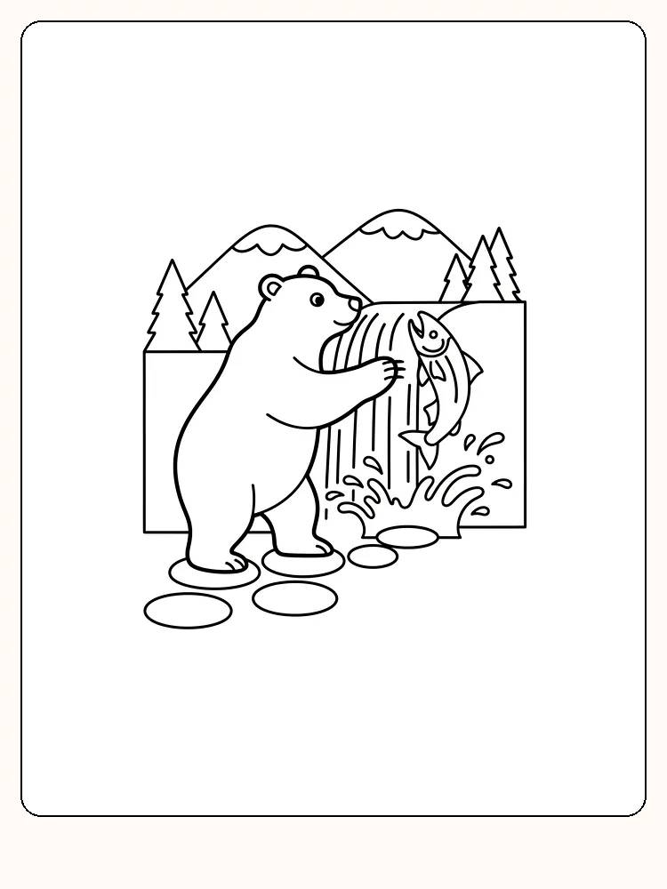 Tegning til farvelægning af en bjørn ved en å, der fanger fisk, med bjerge i baggrunden, klar til print