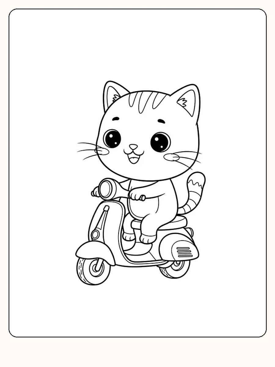 Fargeleggingstegning av søt katt som kjører scooter, klar for utskrift