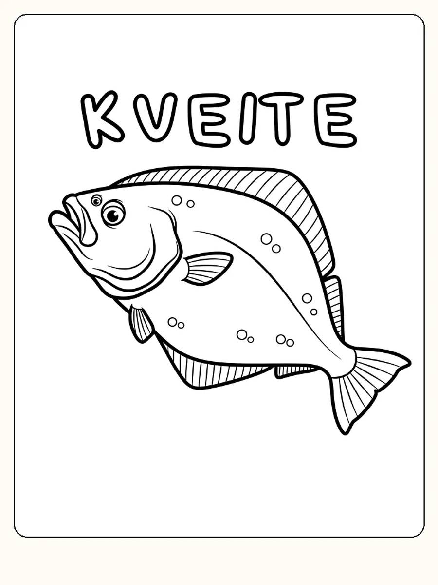 Fargeleggingstegning av en kveite med navnet tydelig over