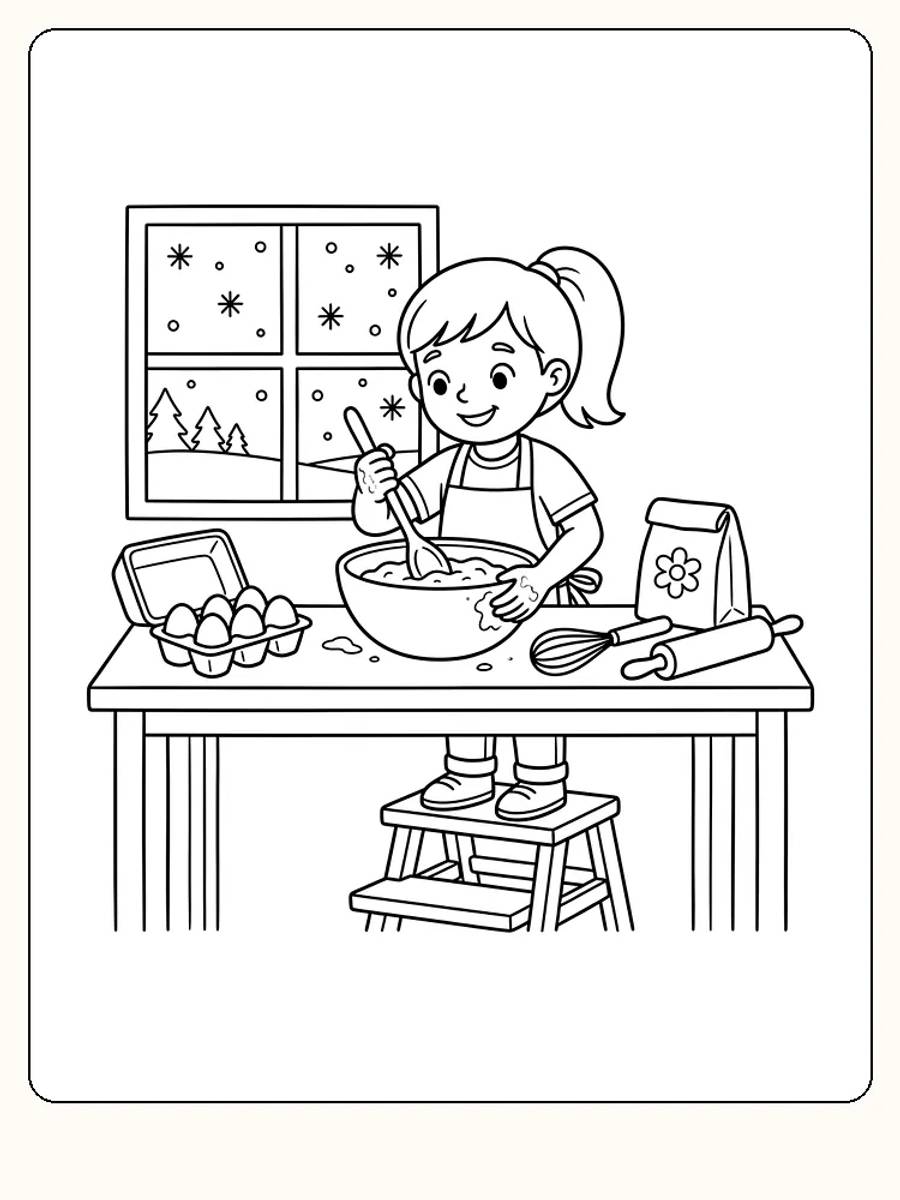 Pige med hestehale og forklæde på en skammel rører dej i en skål i julekøkkenet, med sne i vinduet