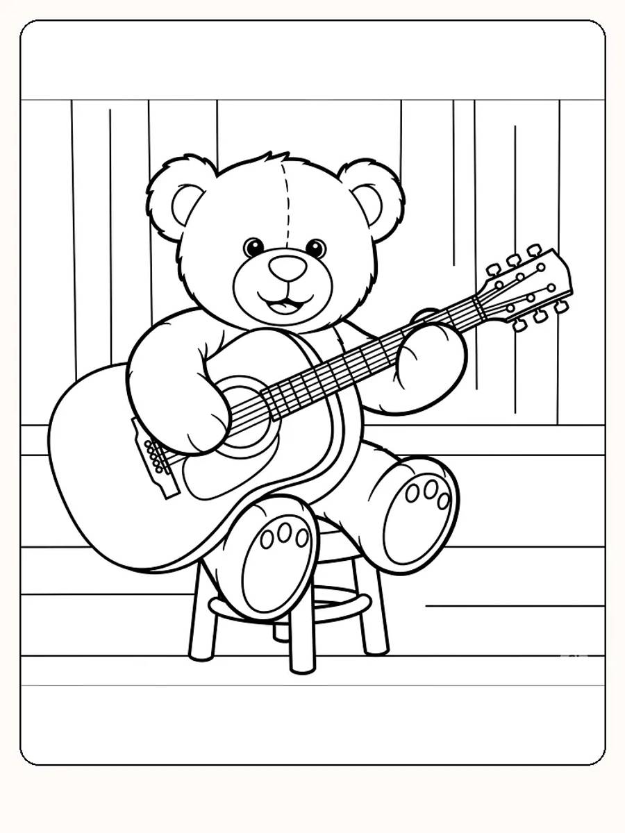 Tegning til farvelægning af en bamse, der spiller guitar, mens den sidder på en stol