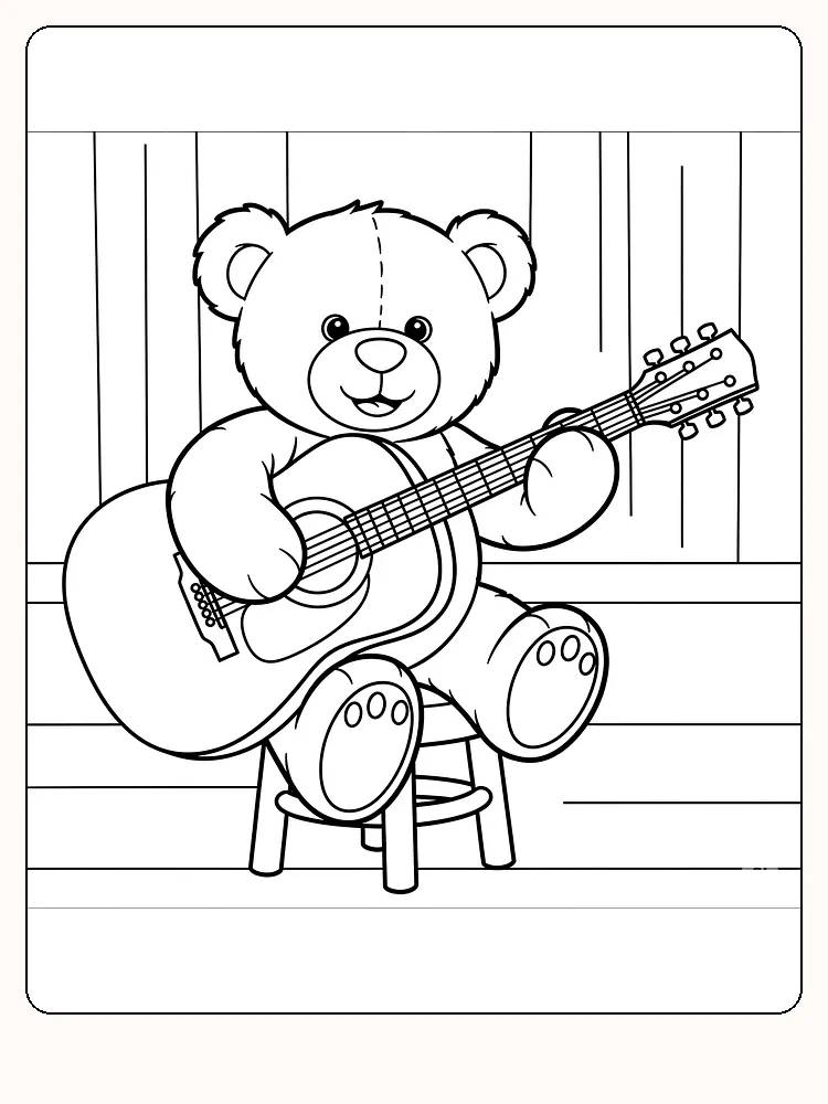 Tegning til farvelægning af en bamse, der spiller guitar, mens den sidder på en stol