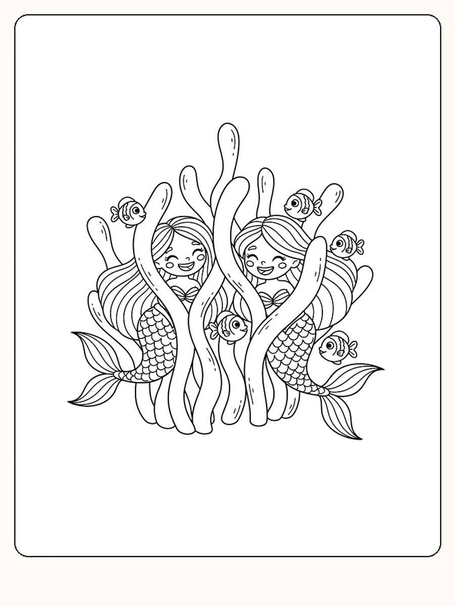 Tegning til farvelægning af to havfruer, der gemmer sig blandt tang med små fisk rundt om sig, klar til print