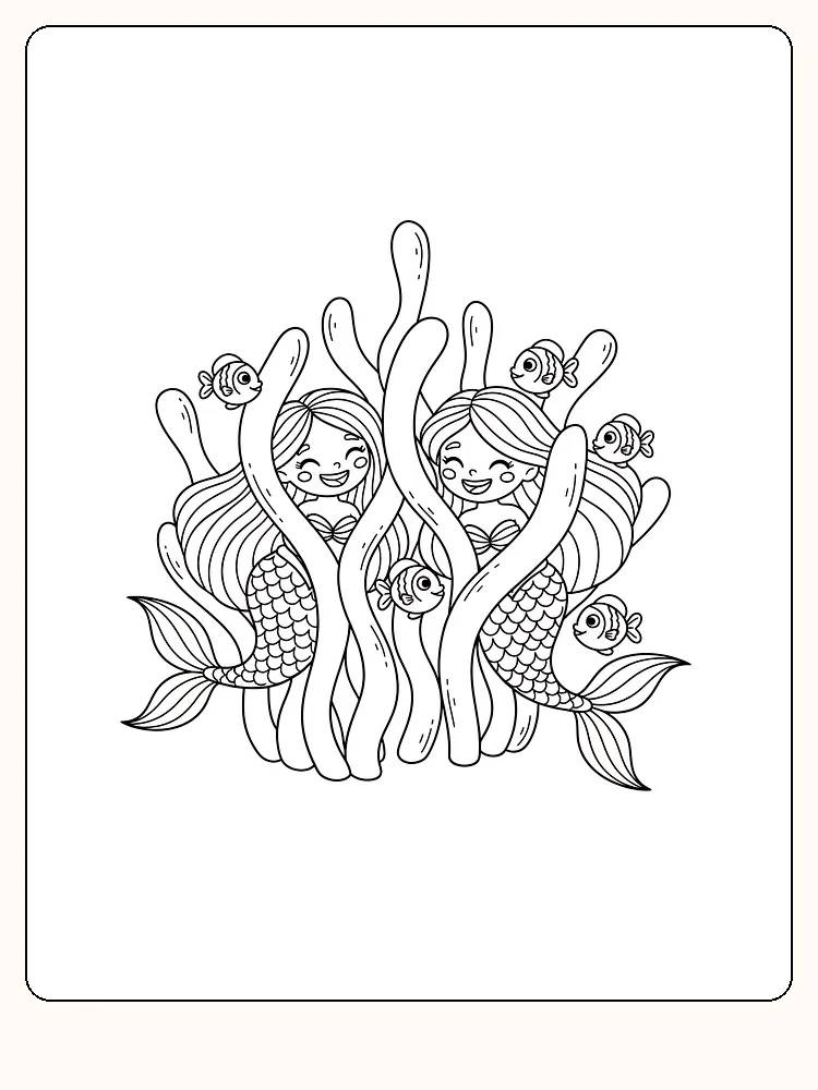 Tegning til farvelægning af to havfruer, der gemmer sig blandt tang med små fisk rundt om sig, klar til print
