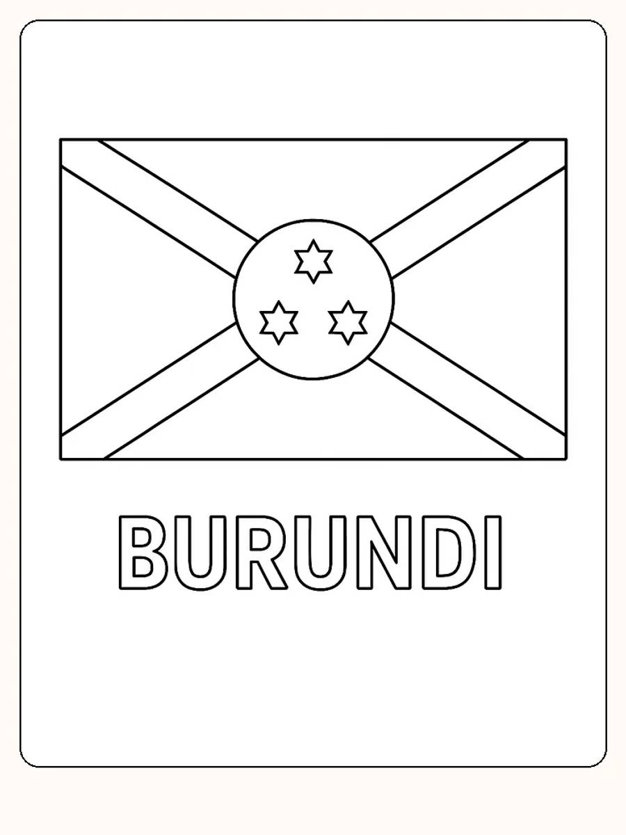 Burundi-Flagge mit drei Sternen und Kreuzmuster, bereit zum Ausmalen