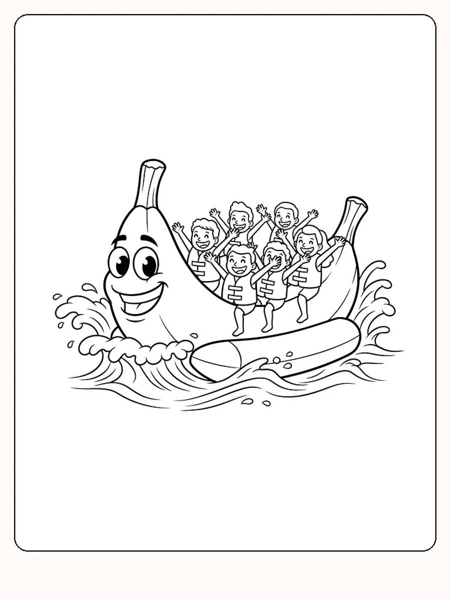 Måla en bild av barn som har roligt på en bananbåt, perfekt för sommarstämning.