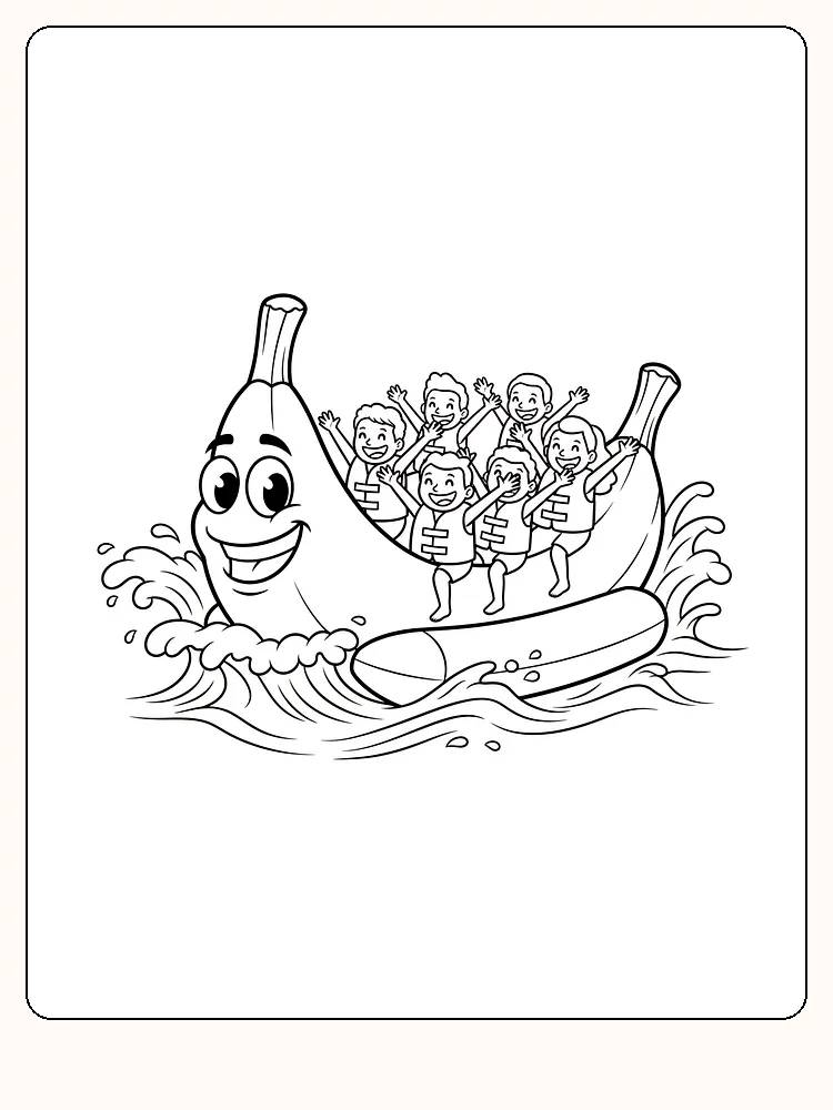 Måla en bild av barn som har roligt på en bananbåt, perfekt för sommarstämning.