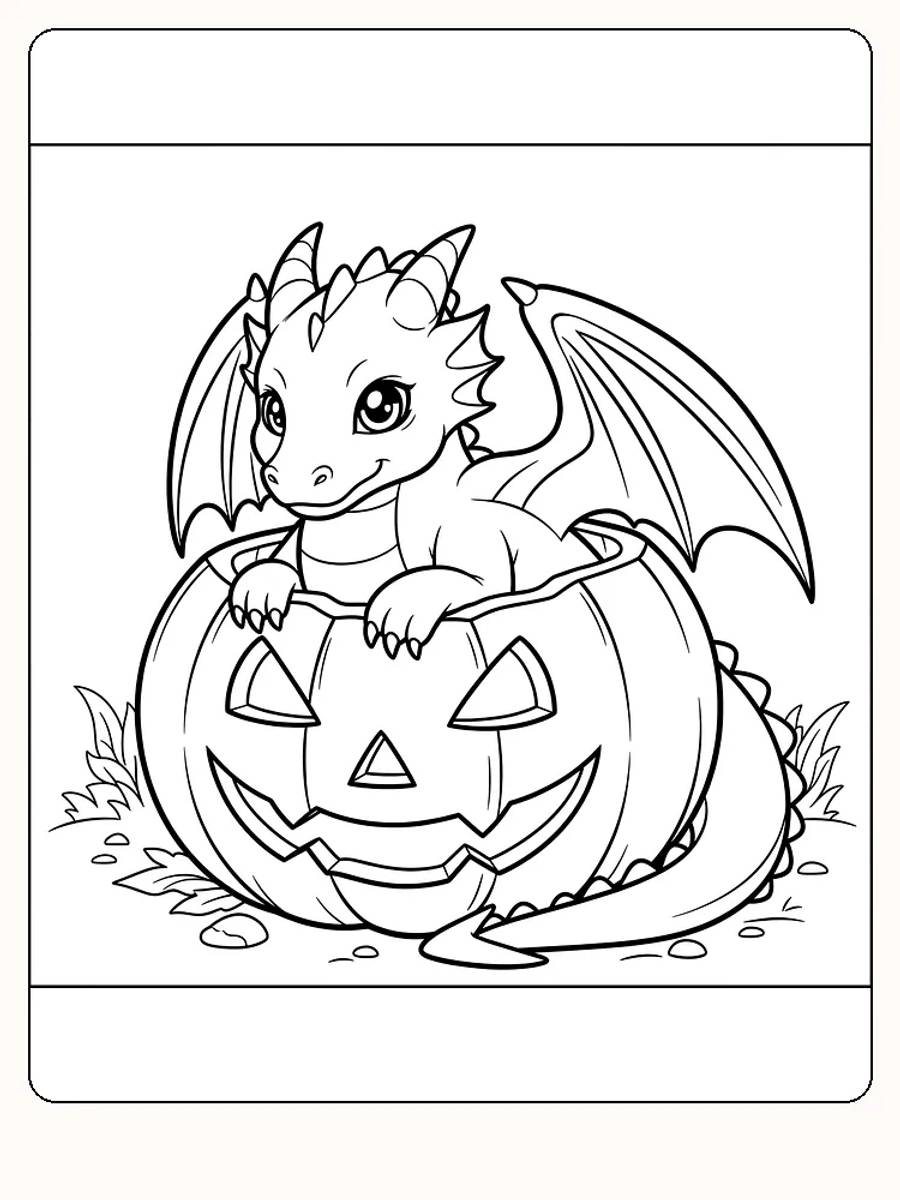 Tegning til farvelægning af en sød drage, der sidder i et udskåret græskar, klar til Halloween